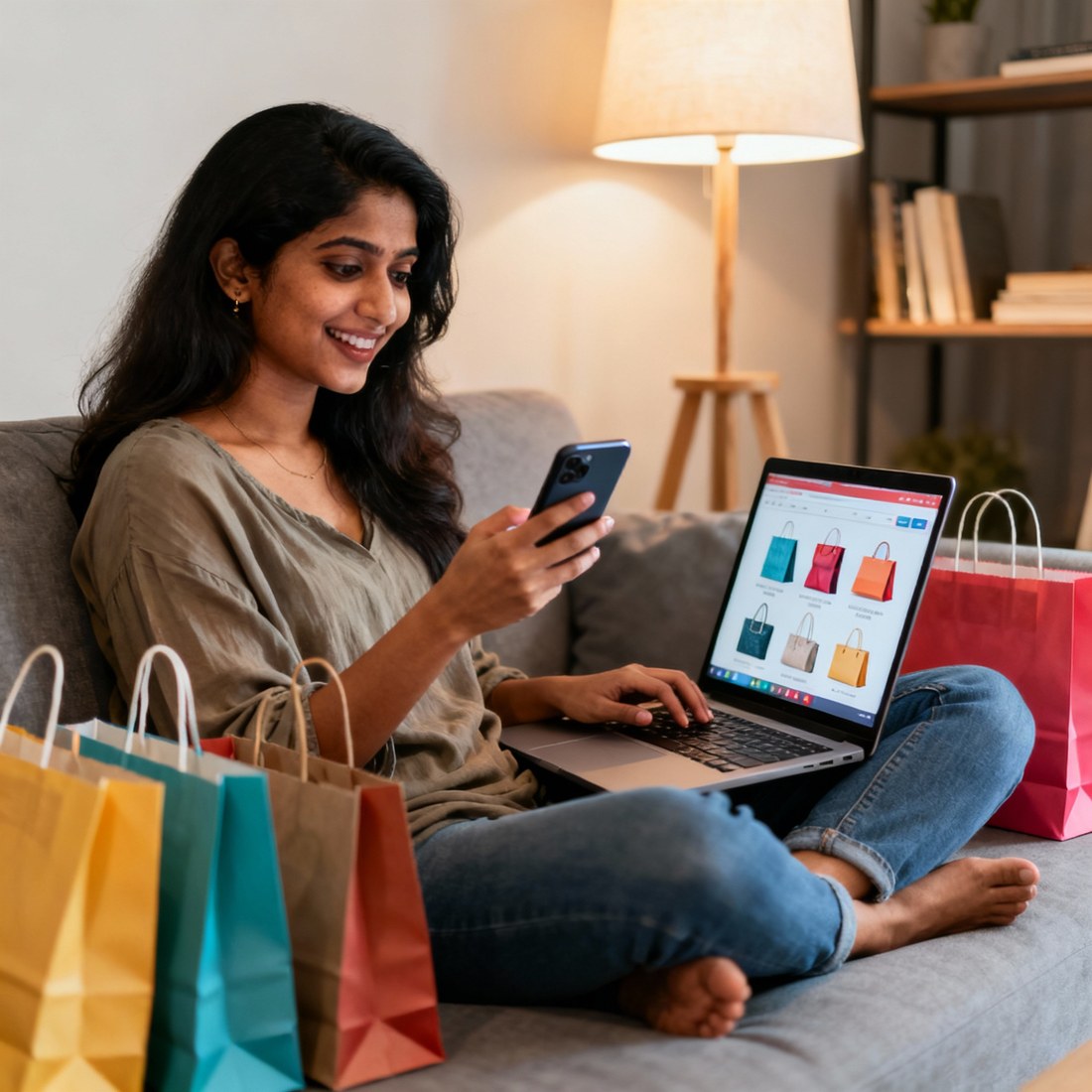 Woman shopping online with bags